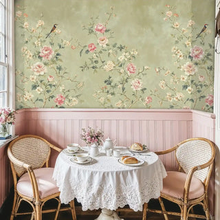 Detailed view of a chinoiserie Wall Mural; peonies/birds; green/pink; with lace table