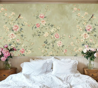 Detailed view of a chinoiserie Wall Mural; peonies/birds; green/pink; with white bed