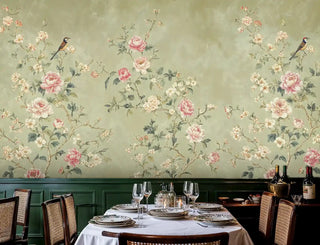 Detailed view of a chinoiserie Wall Mural; peonies/birds; green/pink; with wine bottles at table