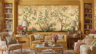 Detailed view of a chinoiserie Wall Mural with birds gold-green in a lounge with bookshelves
