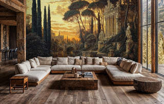 Detailed view of a classical garden ruins wall mural with columns, cypress trees and warm sky, above a sectional sofa