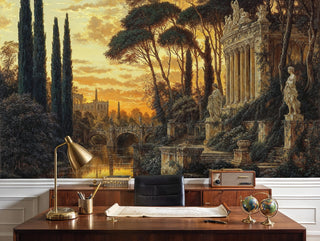 Detailed view of a classical garden ruins wall mural with statues, river and sunset tones, in a home office with globe