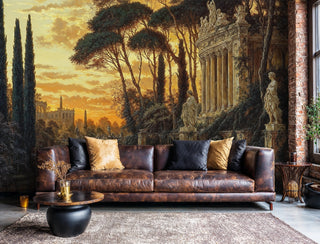 Detailed view of a classical garden ruins wall mural with stone bridge, cypress trees and amber sky, by a leather sofa