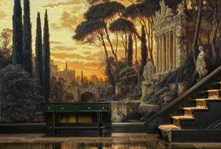 Detailed view of a classical garden ruins wall mural with stone bridge, statues and golden river, beside a staircase