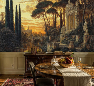 Detailed view of a classical garden ruins wall mural with terraces, statues and glowing sky, in a dining room with fruit bowl