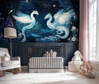 Detailed view of a dragon Wall Mural featuring dragons in navy and white shown with crib