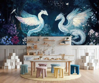 Detailed view of a dragon Wall Mural in navy and white by a craft table with pastel stools