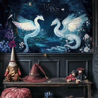 Detailed view of a dragon Wall Mural in navy and white in dark room with seat, witch hats