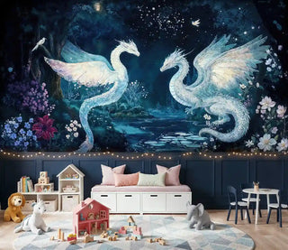 Detailed view of a dragon Wall Mural in navy and white in playroom with lights and bench