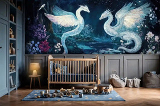 Detailed view of a dragon Wall Mural in navy and white shown with wooden crib and toys