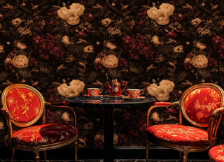 Detailed view of a floral hummingbird Wallpaper with beige peonies and burgundy florals in a cafe with red teapot set