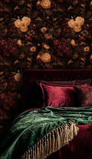 Detailed view of a floral hummingbird Wallpaper with dark botanicals and butterflies in a bedroom with tassel throw