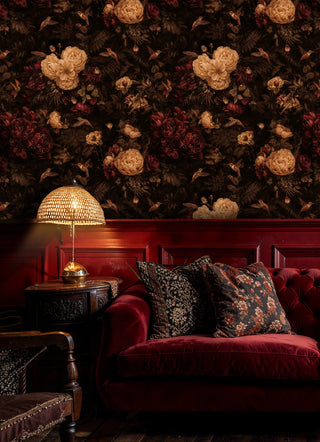 Detailed view of a floral hummingbird Wallpaper with warm beige blooms and birds in a lounge with beaded table lamp