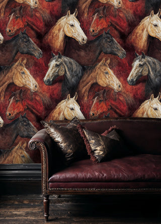 Detailed view of a Horse Wallpaper with layered equine heads in red, brown and charcoal, by a leather sofa