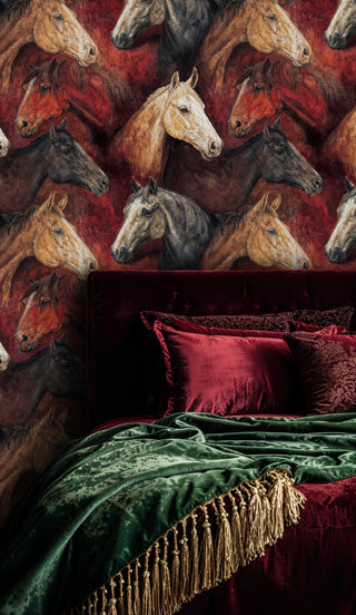 Detailed view of a Horse Wallpaper with painted horse portraits in rust, cream and black, behind a velvet bed