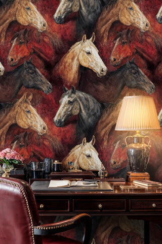 Detailed view of a Horse Wallpaper with painterly equine portraits in burgundy, brown and black, above a writing desk