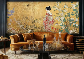 Detailed view of a Japanese garden Wall Mural with geisha on gold, behind amber velvet sofa