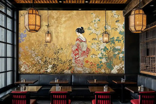 Detailed view of a Japanese garden Wall Mural with geisha on gold in bistro with red chairs