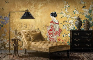 Detailed view of a Japanese garden Wall Mural with geisha on gold near chaise and lamp