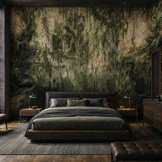 Detailed view of a moss cliff Wall Mural with cascading greenery in green and beige, above a dark wood bed