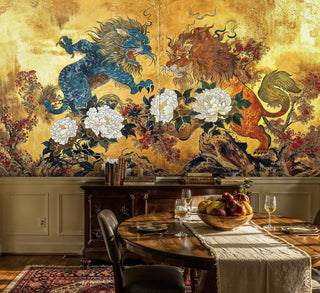 Detailed view of a mythic lions and peonies wall mural, gold and blue, with a dining table.