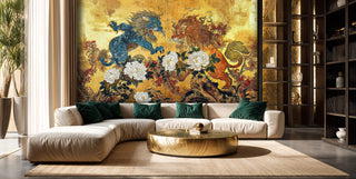 Detailed view of a mythic lions and peonies wall mural, gold and blue, with a gold coffee table.