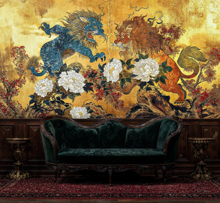 Detailed view of a mythic lions and peonies wall mural, gold and blue, with a velvet sofa.