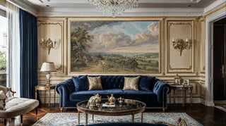 Detailed view of a pastoral landscape wall mural with cottages and rolling hills in green and blue, classic painted style, framed by gilded molding and a navy velvet sofa