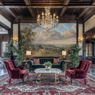 Detailed view of a pastoral landscape wall mural with rolling hills, cottages and vast sky in green and blue, classic painted style, shown in a lounge with a crystal chandelier and burgundy armchairs