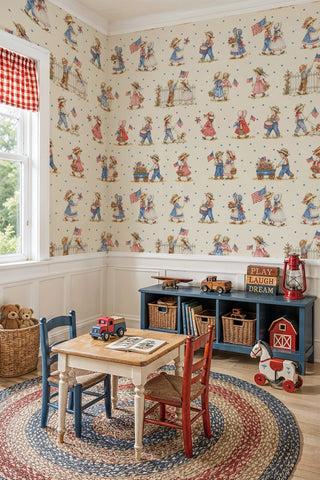 Detailed view of a patriotic children wallpaper with blue stars and parade scenes, in a playroom with toy barn.