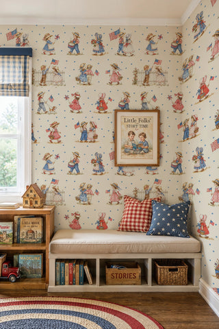 Detailed view of a patriotic children wallpaper with flags, stars and storybook figures, in a reading nook with bench.