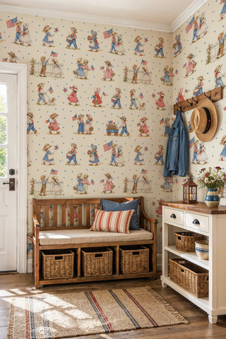 Detailed view of a patriotic children wallpaper with parade figures, flags and stars, in an entryway with coat hooks.