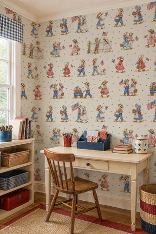 Detailed view of a patriotic children wallpaper with storybook parade scenes and blue stars, in a study corner with desk.