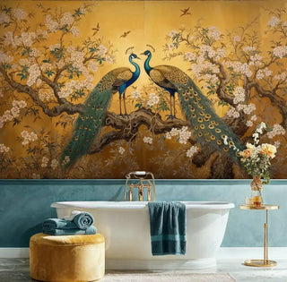 Detailed view of a peacock blossom mural in gold and teal style with a freestanding bathtub