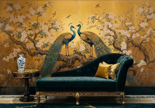 Detailed view of a peacock blossom mural in gold and teal with chaise and gold cushion