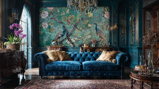 Detailed view of a peacock chinoiserie wall mural in teal and gold, styled with tufted sofa