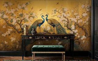 Detailed view of a peacock mural in gold and teal with console table and green bench