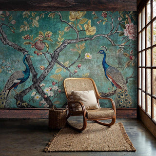 Detailed view of a peacock wall mural in teal and gold, beside a rattan chair