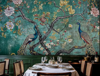 Detailed view of a peacock wall mural in teal and gold, beside a white table set with wine