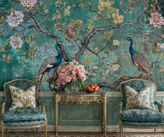 Detailed view of a peacock wall mural in teal and gold, with gilded console and armchairs