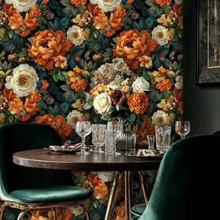 Detailed view of a peony wallpaper in orange and ivory on black, with a dining table