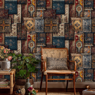 Detailed view of a rug patchwork wallpaper, blue and gold, with a cane chair and plants.
