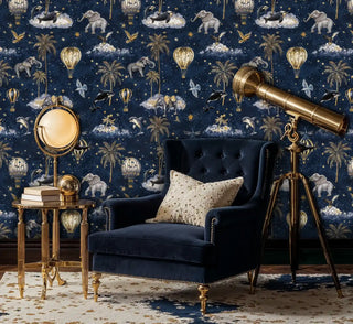 Detailed view of a starry safari wallpaper with gold balloons on navy, brass telescope