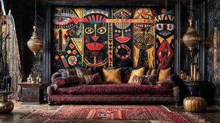 Detailed view of a tribal totem wall mural, black and gold with red, with brass lanterns