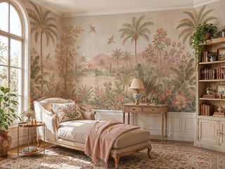 Detailed view of a tropical garden Wall Mural with palms, birds and pavilion, blush and green, in a study with chaise lounge