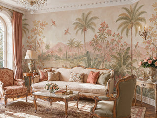 Detailed view of a tropical garden Wall Mural with palms, flowers and birds, blush and sage, in a salon with chandelier