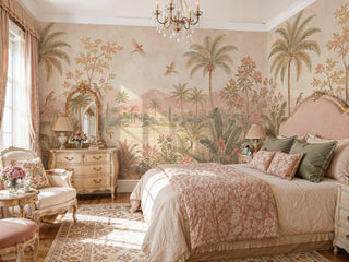 Detailed view of a tropical landscape Wall Mural with pavilion, birds and palms, blush and green, in a bedroom with gilt mirror