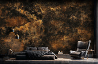 Detailed view of an abstract texture Wall Mural in black and brown, shown in a bedroom with pendant lights and lounge chair.
