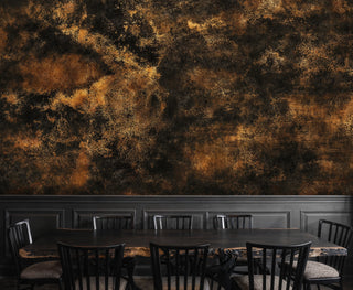 Detailed view of an abstract texture Wall Mural in black and brown, shown in a dining room with black chairs and wood table.
