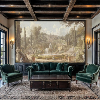 Detailed view of an Italian garden wall mural featuring a fountain, beige-sage tones, shown with a green sofa